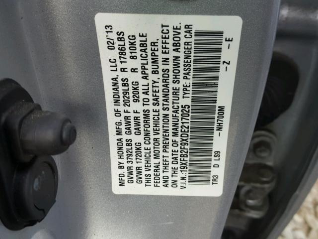 19XFB2F9XDE217025 - 2013 HONDA CIVIC EXL 银色 照片 10