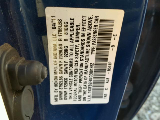 19XFB2F87CE001252 - 2012 HONDA CIVIC EX BLUE photo 10