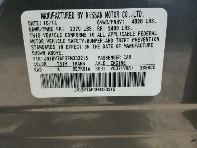 JN1BV7AP3FM333215 - 2015 INFINITI Q50 BASE Сірий фото 10