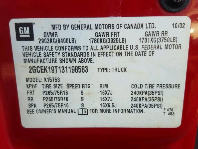 2GCEK19T131198583 - 2003 CHEVROLET SILVERADO RED photo 10