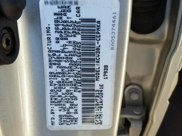 4T1BE32K13U166465 - 2003 TOYOTA CAMRY LE ვერცხლისფერი ფოტო 10
