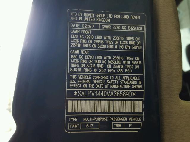 SALPV1440VA365890 - 1997 LAND ROVER RANGE ROVE GREEN photo 10
