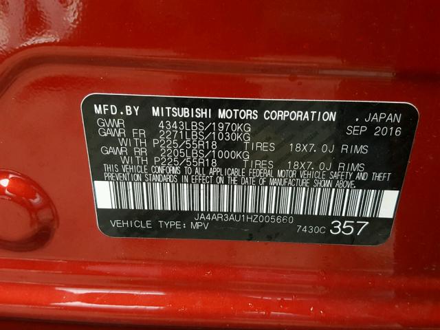 JA4AR3AU1HZ005660 - 2017 MITSUBISHI OUTLANDER RED photo 10