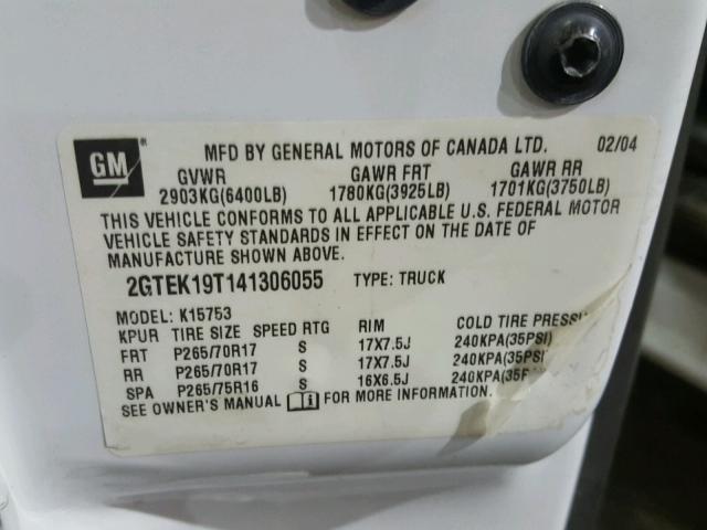 2GTEK19T141306055 - 2004 GMC NEW SIERRA WHITE photo 10