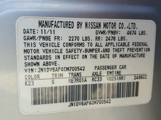 JN1DV6AP4CM700542 - 2012 INFINITI G25 BASE SILVER photo 10