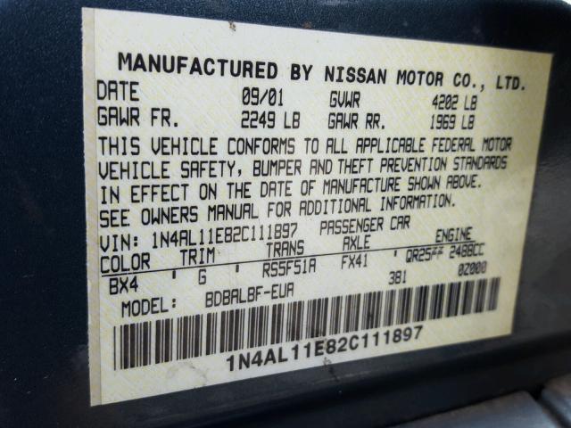 1N4AL11E82C111897 - 2002 NISSAN ALTIMA BAS BLUE photo 10