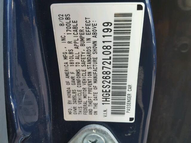 1HGES26872L081199 - 2002 HONDA CIVIC EX BLUE photo 10