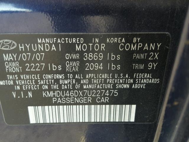 KMHDU46DX7U227475 - 2007 HYUNDAI ELANTRA GL BLUE photo 10