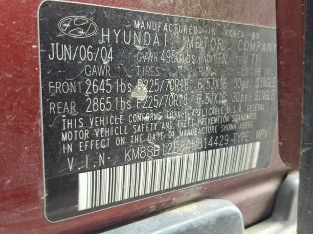 KM8SB12B84U814429 - 2004 HYUNDAI SANTA FE G RED photo 10