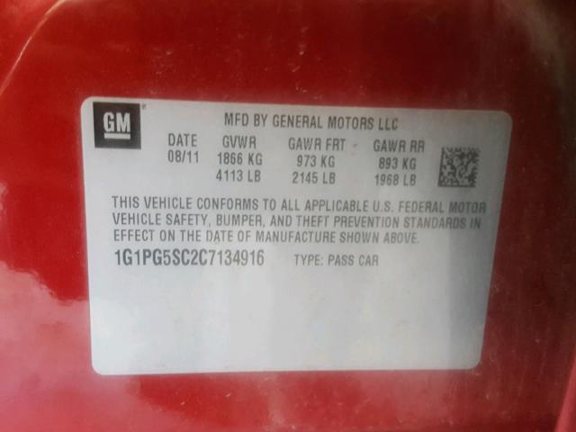 1G1PG5SC2C7134916 - 2012 CHEVROLET CRUZE LT RED photo 10