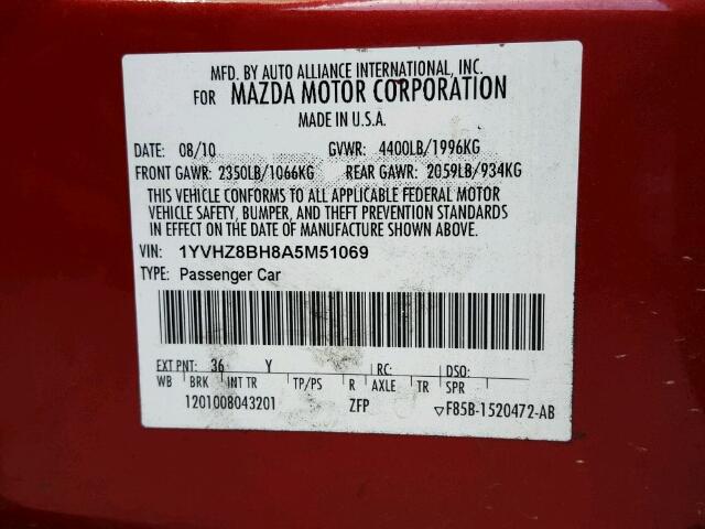 1YVHZ8BH8A5M51069 - 2010 MAZDA 6 I RED photo 10