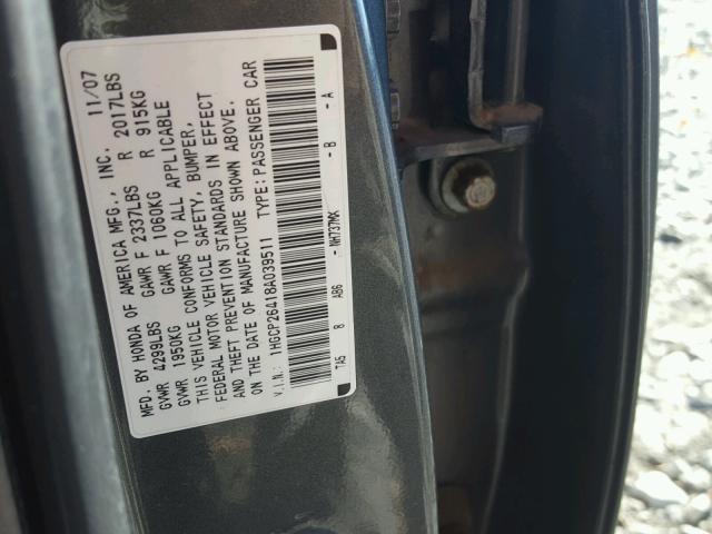 1HGCP26418A039511 - 2008 HONDA ACCORD LXP GRAY photo 10