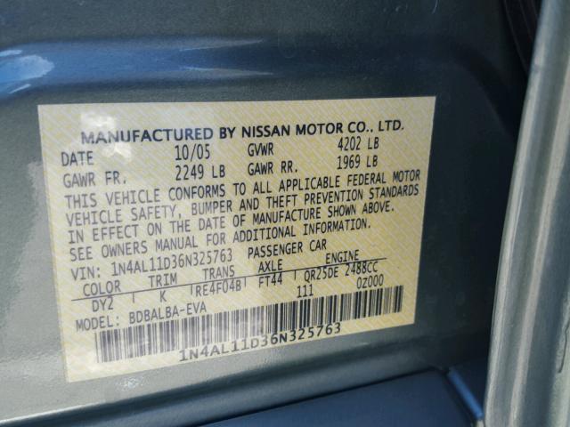 1N4AL11D36N325763 - 2006 NISSAN ALTIMA S GREEN photo 10