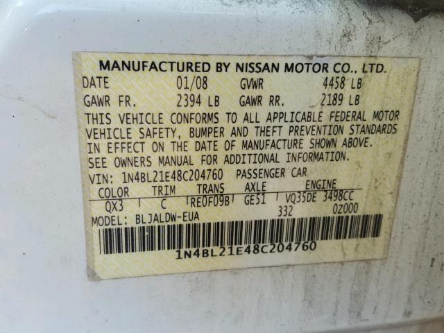 1N4BL21E48C204760 - 2008 NISSAN ALTIMA 3.5 WHITE photo 10