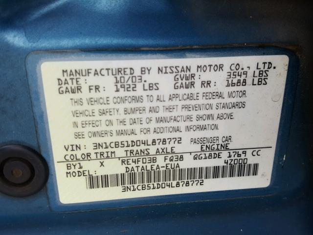 3N1CB51D04L878772 - 2004 NISSAN SENTRA 1.8 BLUE photo 10