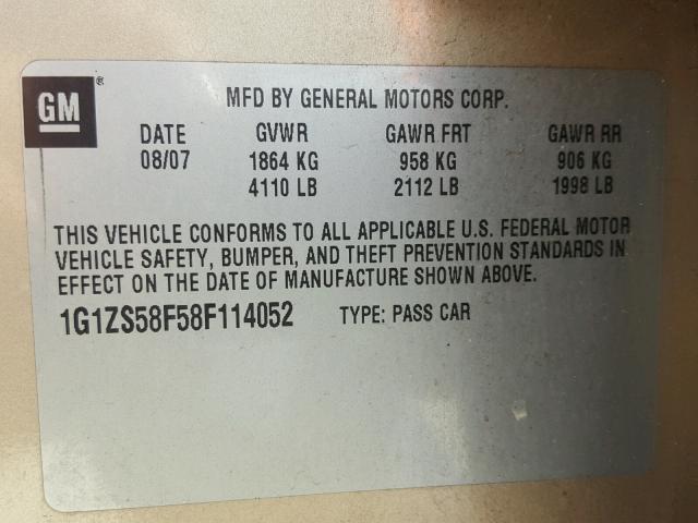 1G1ZS58F58F114052 - 2008 CHEVROLET MALIBU LS 棕色 照片 10