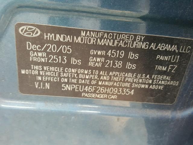 5NPEU46F26H093354 - 2006 HYUNDAI SONATA GLS BLUE photo 10