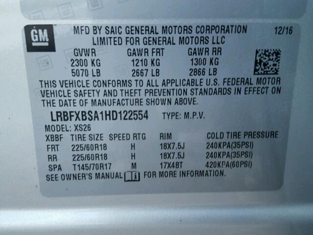 LRBFXBSA1HD122554 - 2017 BUICK ENVISION E SILVER photo 10