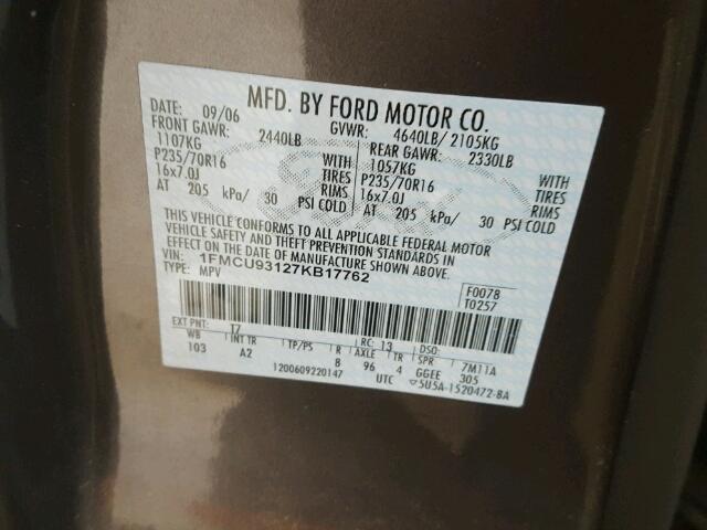 1FMCU93127KB17762 - 2007 FORD ESCAPE XLT BEIGE photo 10