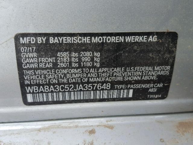 WBA8A3C52JA357648 - 2018 BMW 320 XI SILVER photo 10