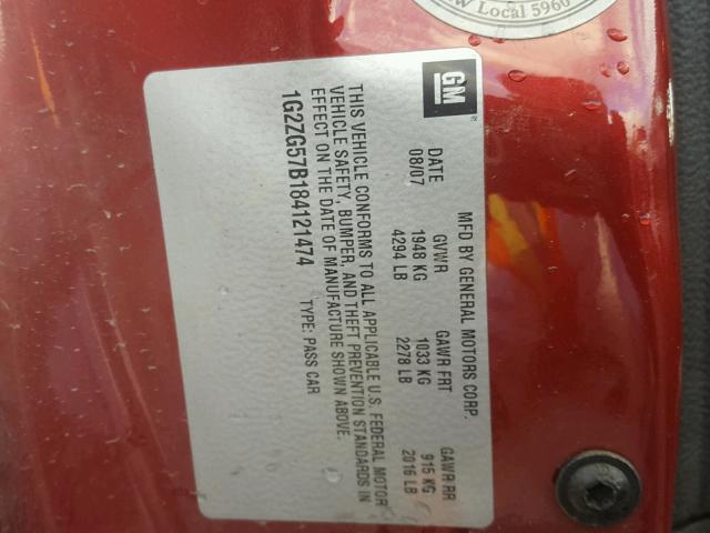 1G2ZG57B184121474 - 2008 PONTIAC G6 BASE RED photo 10