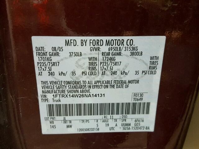 1FTRX14W26NA14131 - 2006 FORD F150 MAROON photo 10