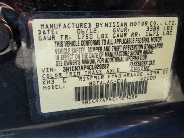 3N1CN7AP4CL929282 - 2012 NISSAN VERSA S BLACK photo 10