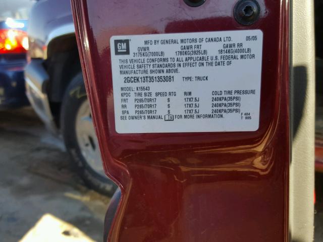 2GCEK13T351353081 - 2005 CHEVROLET SILVERADO BURGUNDY photo 10