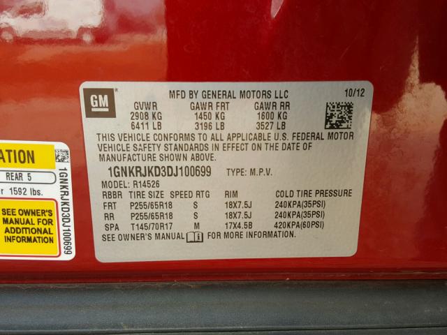 1GNKRJKD3DJ100699 - 2013 CHEVROLET TRAVERSE L RED photo 10