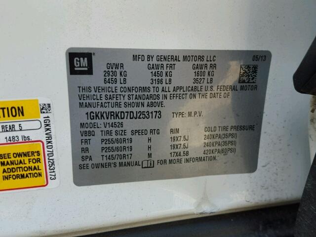 1GKKVRKD7DJ253173 - 2013 GMC ACADIA SLT თეთრი ფოტო 10