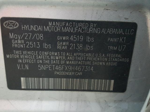 5NPET46FX9H467314 - 2009 HYUNDAI SONATA GLS SILVER photo 10