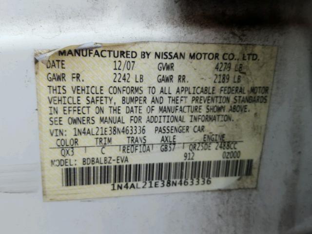 1N4AL21E38N463336 - 2008 NISSAN ALTIMA 2.5 WHITE photo 10