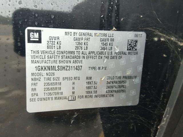 1GKKNMLS0HZ311437 - 2017 GMC ACADIA SLT შავი ფოტო 10