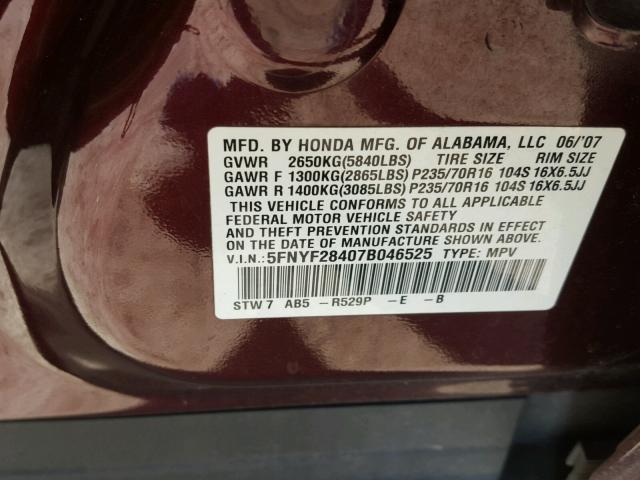 5FNYF28407B046525 - 2007 HONDA PILOT EX MAROON photo 10