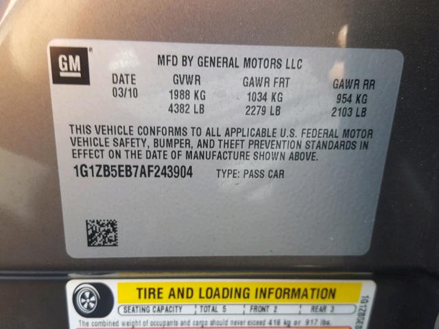 1G1ZB5EB7AF243904 - 2010 CHEVROLET MALIBU LS Boz foto 10
