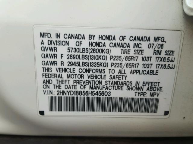 2HNYD18856H545603 - 2006 ACURA MDX TOURIN WHITE photo 10