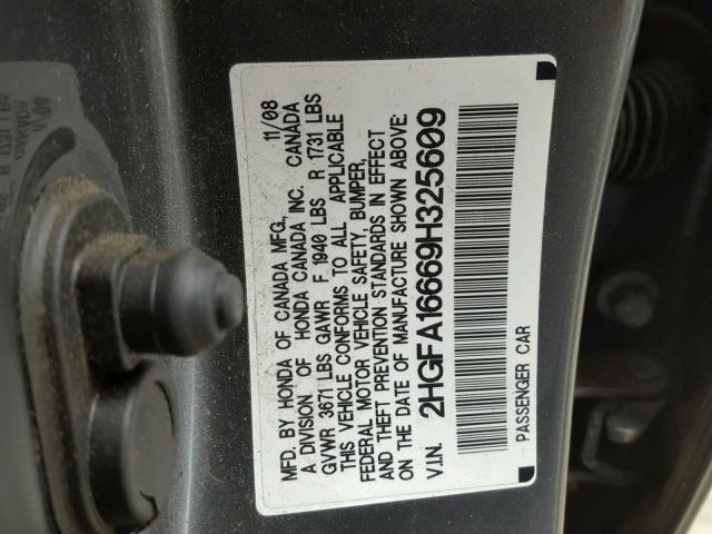 2HGFA16669H325609 - 2009 HONDA CIVIC GRAY photo 10