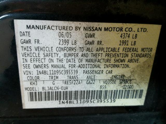 1N4BL11D95C395539 - 2005 NISSAN ALTIMA SE BLACK photo 10