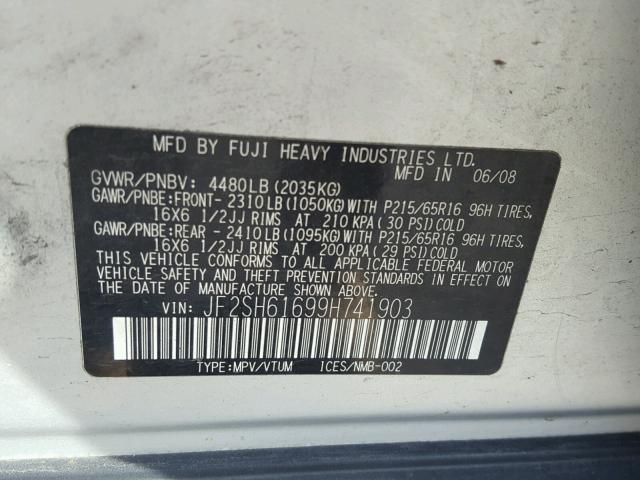 JF2SH61699H741903 - 2009 SUBARU FORESTER 2 SILVER photo 10