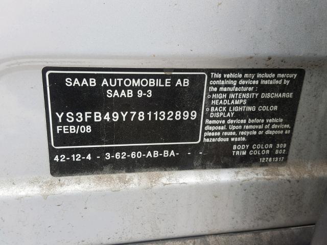 YS3FB49Y781132899 - 2008 SAAB 9-3 2.0T SILVER photo 10