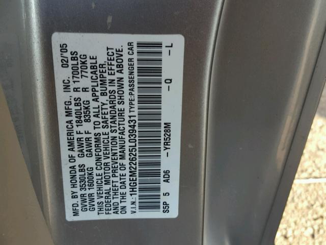 1HGEM22625L039431 - 2005 HONDA CIVIC LX SILVER photo 10