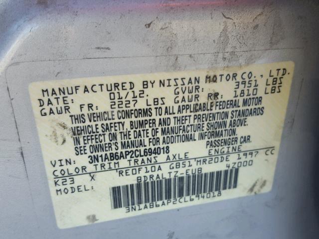 3N1AB6AP2CL694018 - 2012 NISSAN SENTRA 2.0 SILVER photo 10