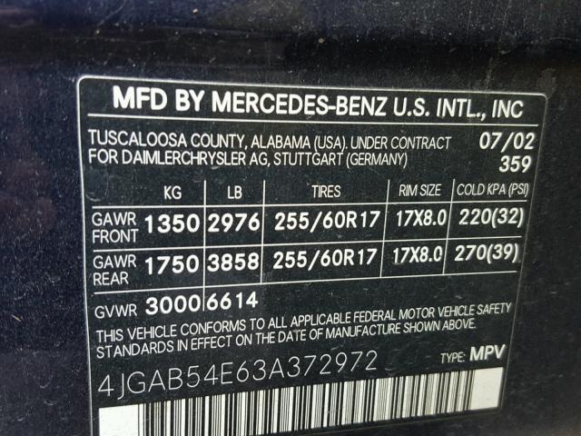 4JGAB54E63A372972 - 2003 MERCEDES-BENZ ML 320 BLUE photo 10