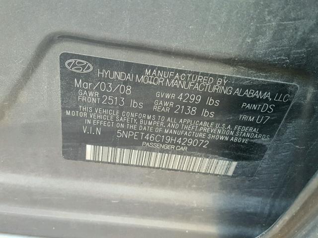 5NPET46C19H429072 - 2009 HYUNDAI SONATA GLS GRAY photo 10