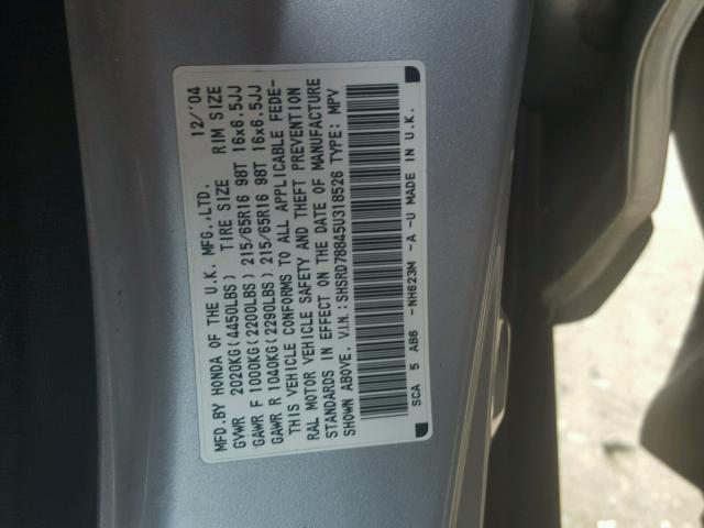 SHSRD78845U318526 - 2005 HONDA CR-V EX SILVER photo 10