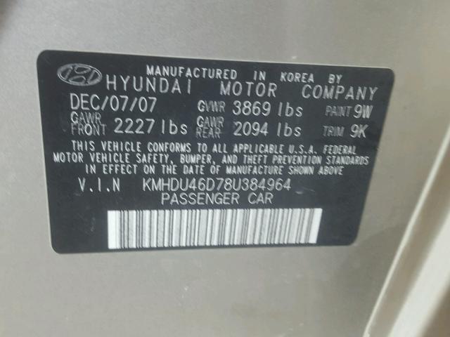 KMHDU46D78U384964 - 2008 HYUNDAI ELANTRA GL GOLD photo 10