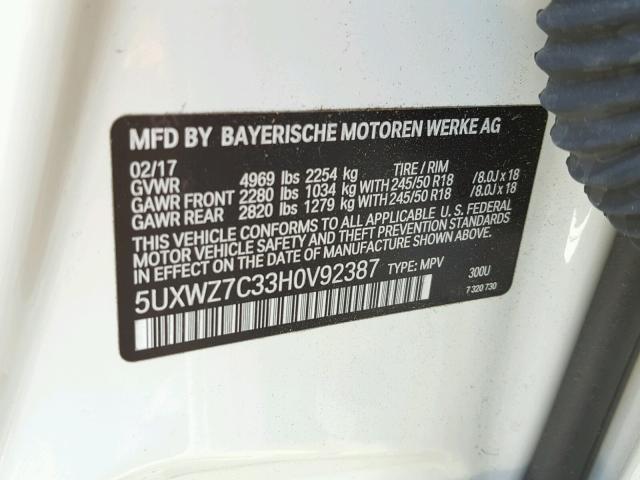 5UXWZ7C33H0V92387 - 2017 BMW X3 SDRIVE2 WHITE photo 10