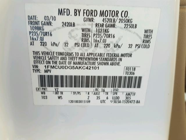 1FMCU0DG5AKC42101 - 2010 FORD ESCAPE XLT WHITE photo 10