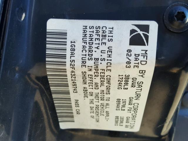 1G8AL52F43Z149743 - 2003 SATURN ION LEVEL BLACK photo 10