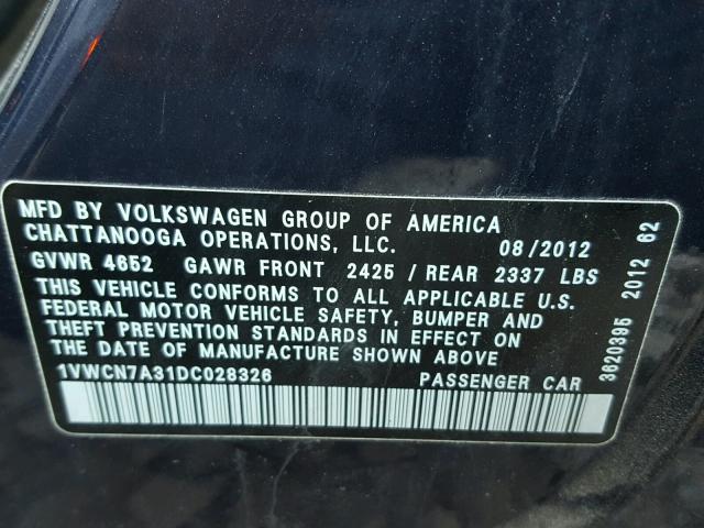 1VWCN7A31DC028326 - 2013 VOLKSWAGEN PASSAT SEL BLUE photo 10